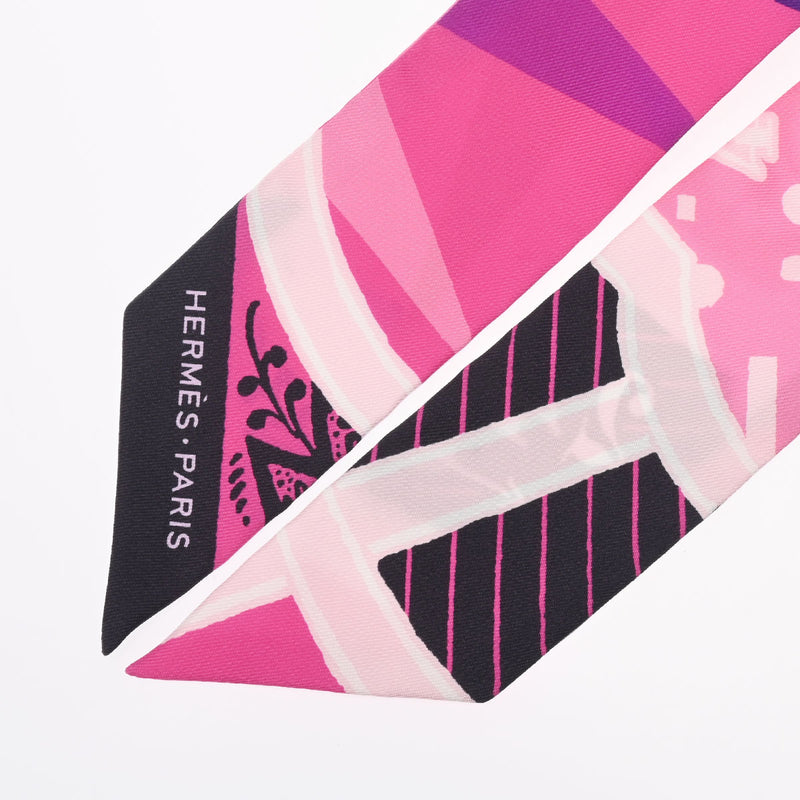 HERMES エルメス ツイリー JEU DE SOIE 新タグ ピンク/黒 レディース シルク100％ スカーフ ABランク 中古 銀蔵