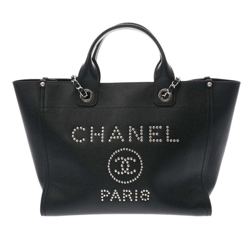 CHANEL シャネル ドーヴィル トート ロゴスタッズ ブラック シルバー金具 A57069 レディース キャビアスキン 2WAYバッグ Aランク 中古 銀蔵