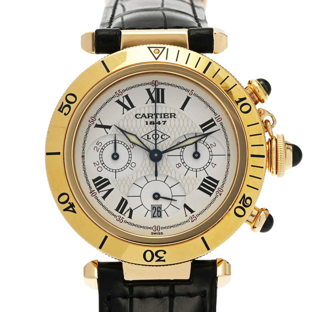 CARTIER カルティエ パシャ 38mm クロノグラフ 150周年記念モデル W30X7651 メンズ YG/革 腕時計 クオーツ  アイボリー文字盤 Aランク 中古 銀蔵