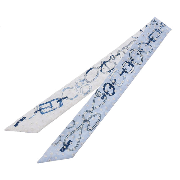 HERMES エルメス ツイリー ド レ ブックル 刺繍 ブルー/ブラン/マリン レディース シルク100％ スカーフ 未使用 銀蔵