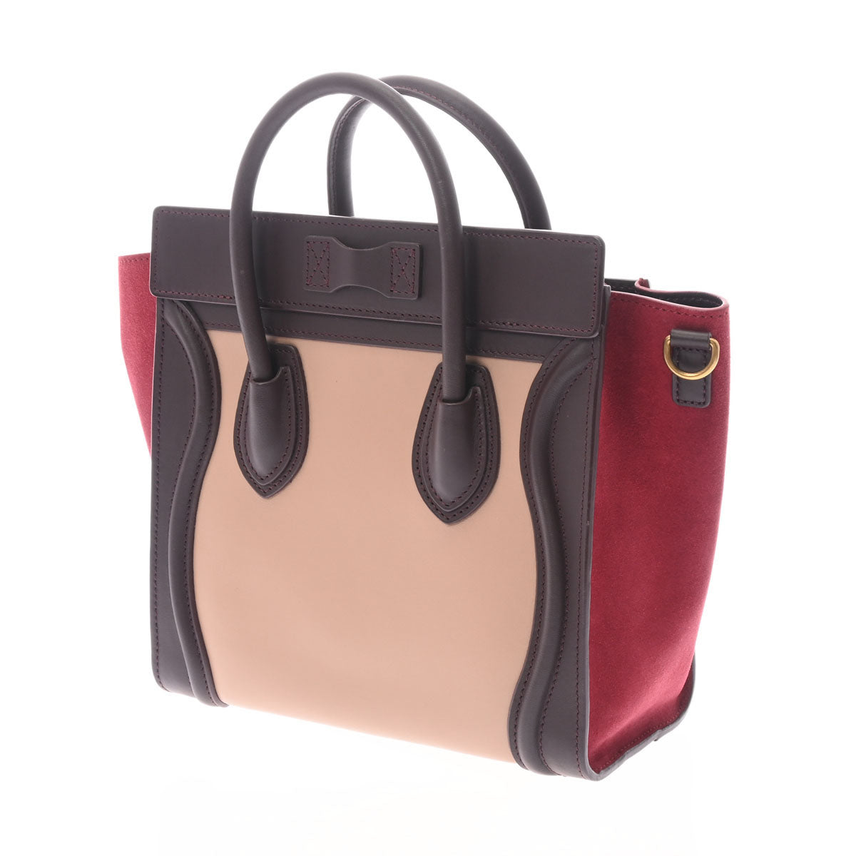 CELINE セリーヌ ラゲージ ナノショッパー 2WAY ボルドー/ベージュ/赤 ゴールド金具 レディース カーフ スエード ハンドバッグ Aランク  中古 - 限定セールHOT