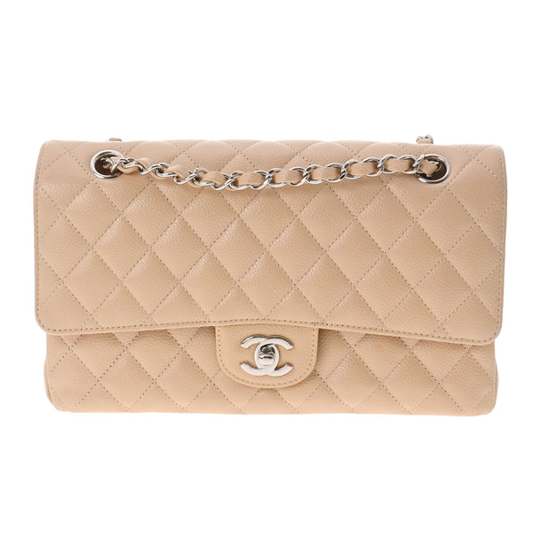 CHANEL シャネル マトラッセ Wフラップ チェーンショルダー 25 ベージュ シルバー金具 A01112 レディース キャビアスキン ショルダーバッグ Aランク 中古 銀蔵