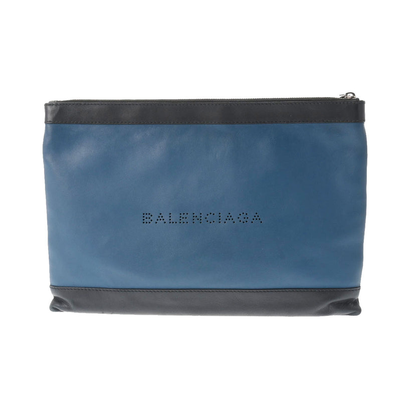 BALENCIAGA バレンシアガ ネイビークリップ 青/黒 シルバー金具 373840 ユニセックス カーフ クラッチバッグ Bランク 中古 銀蔵