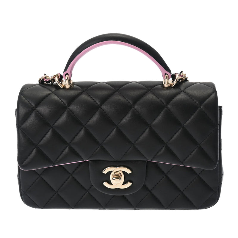 CHANEL シャネル マトラッセ トップハンドル ミニチェーンショルダー 黒/ピンク ゴールド金具 AS2431 レディース ラムスキン ショルダーバッグ Aランク 中古 銀蔵