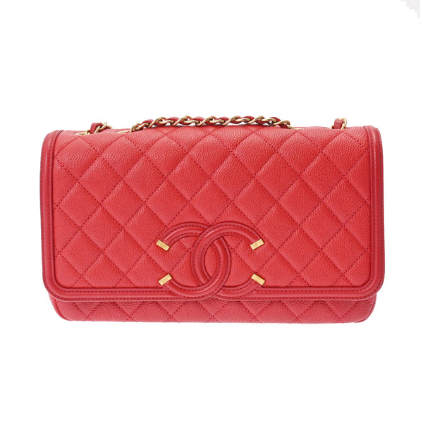 シャネル CCフィリグリー ショルダー　バニティ レッド キャビアスキン レザー シャネルCCフィリグリー チェーンショルダー レッド ゴールド金具