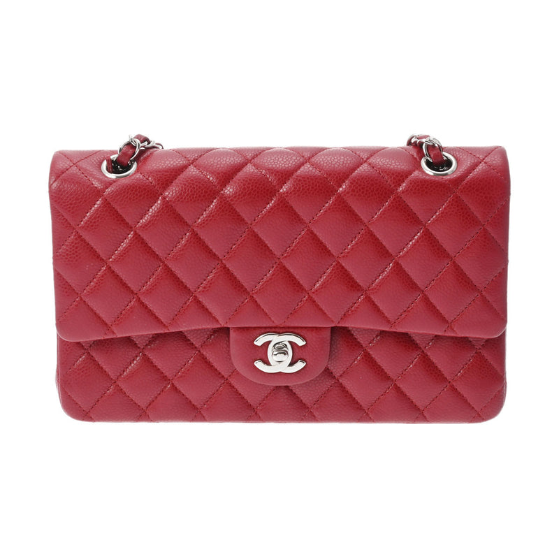 CHANEL シャネル マトラッセ Wフラップ チェーンショルダー 25cm 赤 シルバー金具 A01112 レディース キャビアスキン ショルダーバッグ ABランク 中古 銀蔵