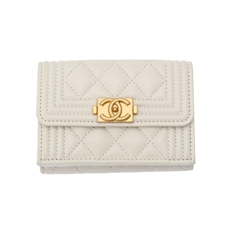 CHANEL シャネル ボーイシャネル コンパクトウォレット 白 ゴールド金具 A84432 レディース キャビアスキン 三つ折り財布 Aランク 中古 銀蔵