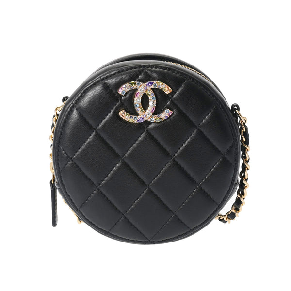 CHANEL シャネル ラウンド チェーンショルダー 黒 ゴールド金具 レディース ラムスキン ショルダーバッグ Aランク 中古 銀蔵