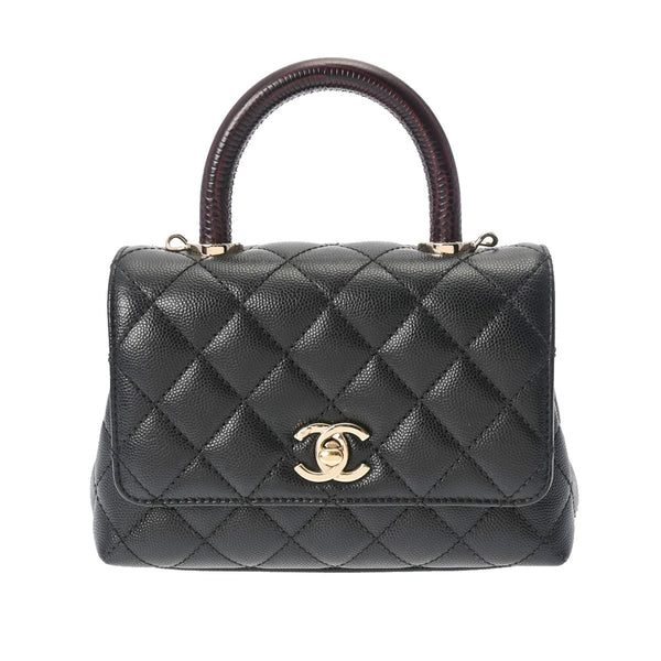 CHANEL シャネル マトラッセ トップハンドル XXS 2WAYチェーンショルダー 黒 シャンパンゴールド金具 AS2215 レディース キャビアスキン/リザード ハンドバッグ Aランク 中古 銀蔵