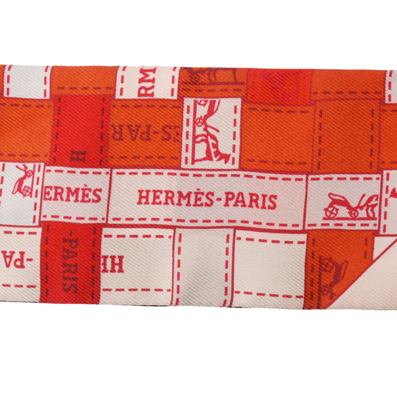 HERMES エルメス ツイリー Bolduc au Carre 赤/オレンジ/アイボリー系 レディース シルク100％ スカーフ ABランク 中古 銀蔵