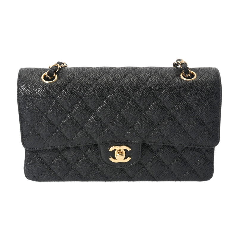 CHANEL シャネル マトラッセ Wフラップ チェーンショルダー 25cm 黒 ゴールド金具 A01112 レディース キャビアスキン ショルダーバッグ 新同 中古 銀蔵