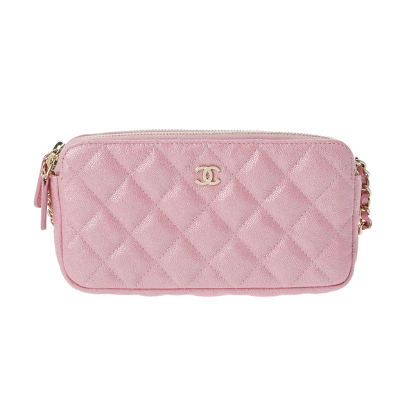 【美品】CHANEL ピンク 二つ折り チェーンウォレット キルティング シャネル 23K 長さ調節可能 チェーンウォレット ピンク (CHANEL