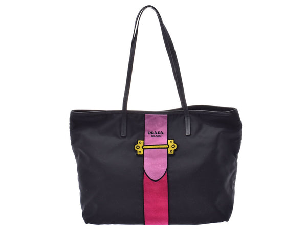 Prada tote bag black / pink 1BG065 Lady's nylon / velour-free beautiful article PRADA sky guarantee used silver storehouse