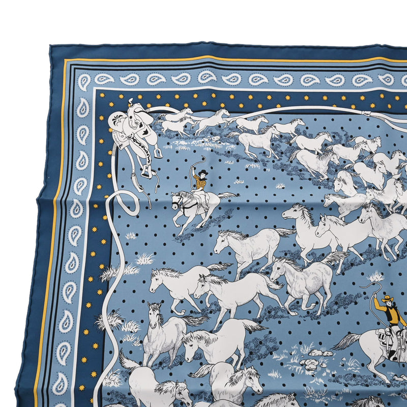 HERMES エルメス カレ55 LES MUSTANGS  BANDANA ブルージーン/ジョーヌ/ブラン 043941S レディース シルク100％ スカーフ 新品 銀蔵