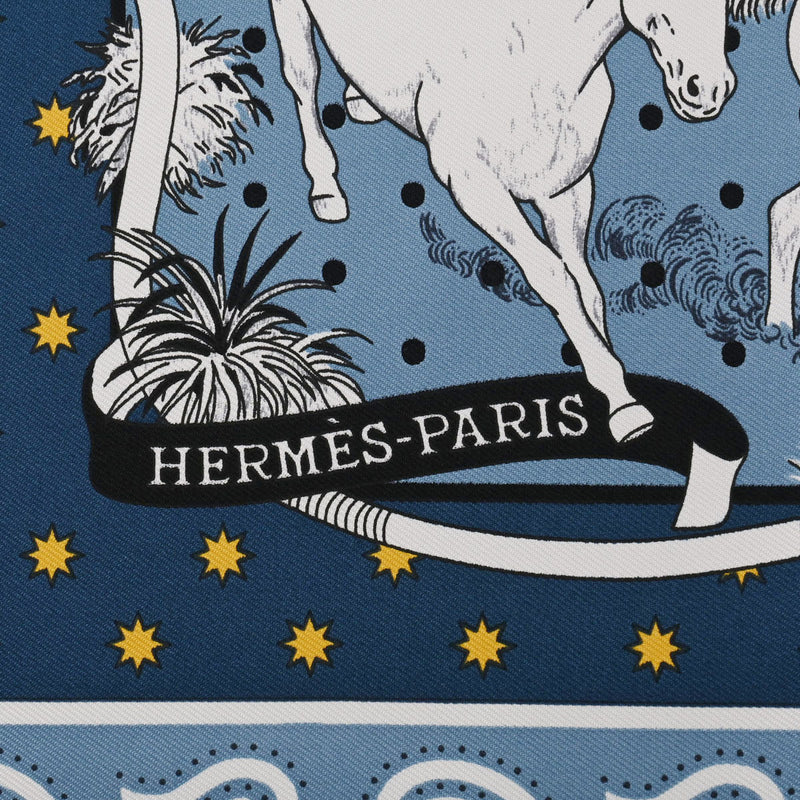 HERMES エルメス カレ55 LES MUSTANGS  BANDANA ブルージーン/ジョーヌ/ブラン 043941S レディース シルク100％ スカーフ 新品 銀蔵