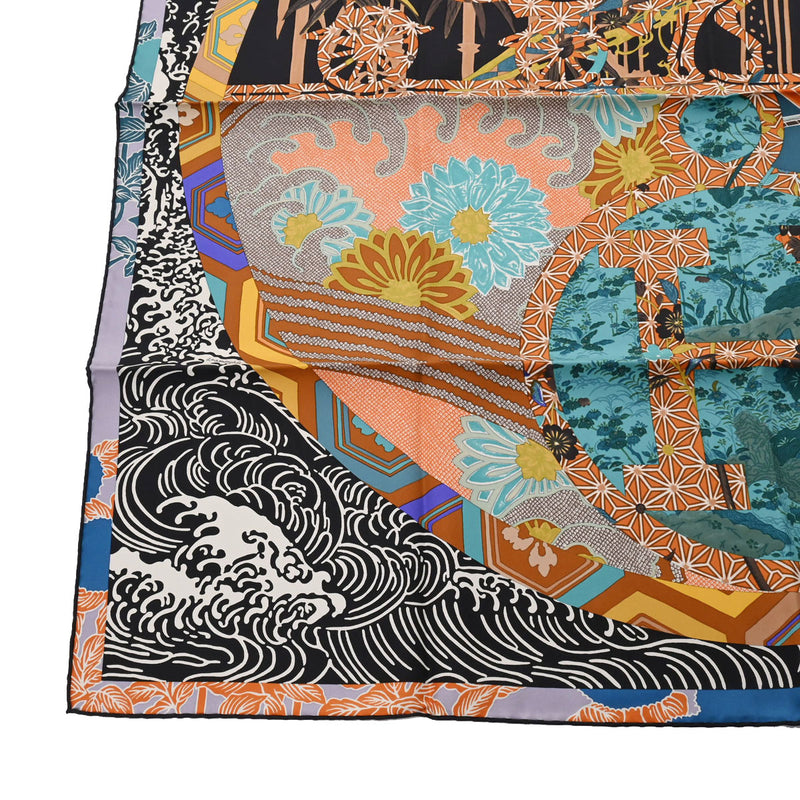 HERMES エルメス カレ90 EN KIMONOS 黒/緑/黄色 レディース シルク100％ スカーフ 新品 銀蔵