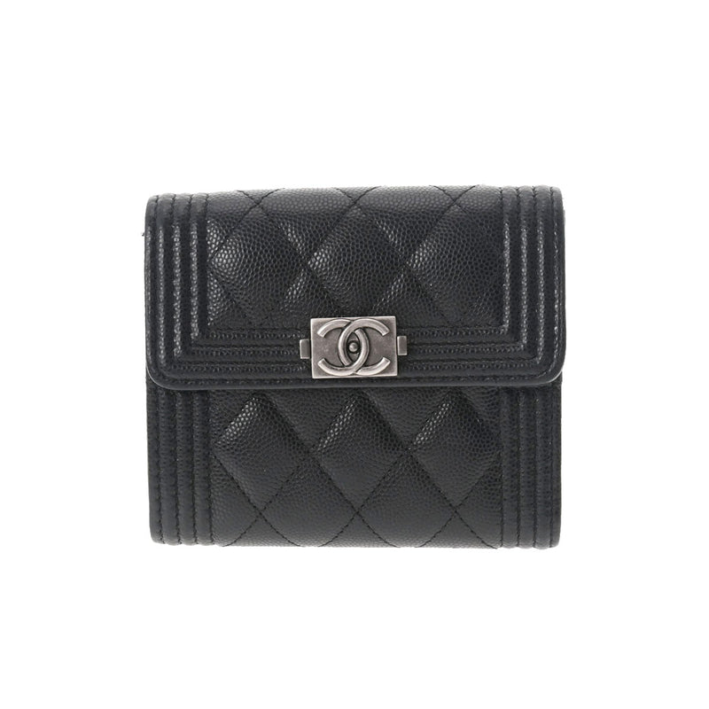 CHANEL シャネル ボーイシャネル コンパクトウォレット 黒 シルバー金具 レディース レザー 三つ折り財布 Aランク 中古 銀蔵