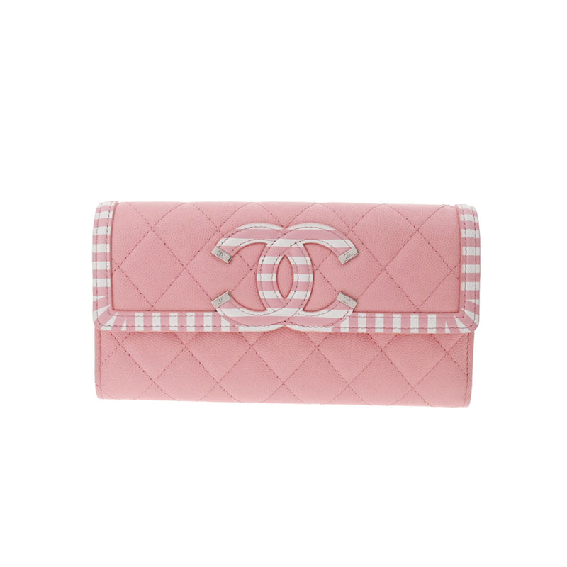 CHANEL シャネル マトラッセ CCフィリグリー ココマーク ライトピンク A84448 レディース キャビアスキン 長財布 新同 中古 銀蔵