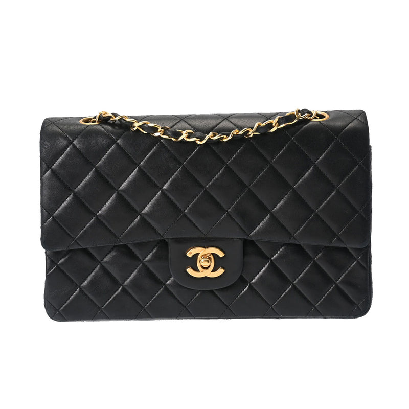 CHANEL シャネル マトラッセ Wフラップ 25cm チェーンショルダー  黒 ゴールド金具 レディース ラムスキン ショルダーバッグ Bランク 中古 銀蔵