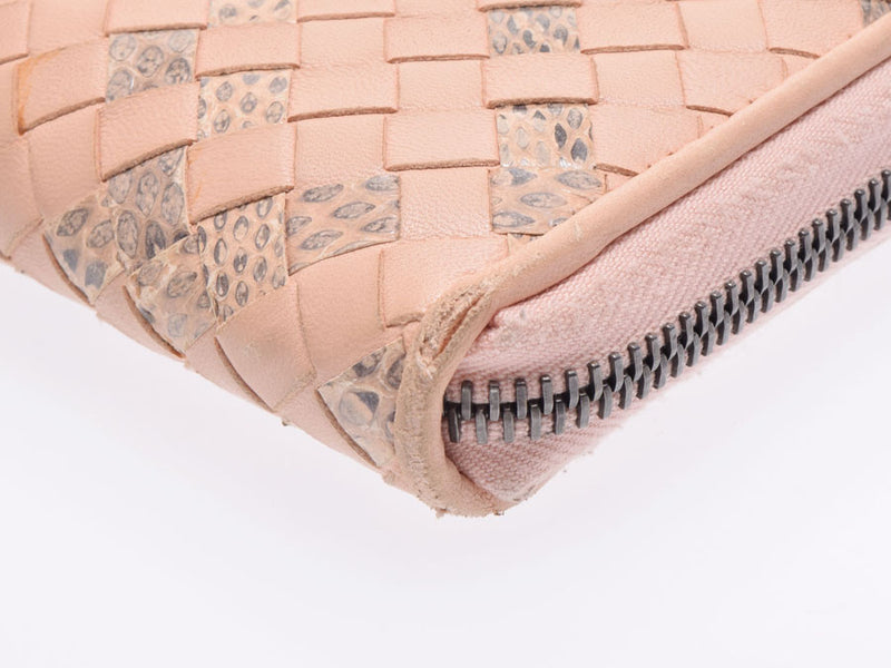 Pre-owned Bottega Veneta Round Zipper Long Wallet Leather/Python Intrecciato Pink Beige BOTTEGA VENETA Ginzo