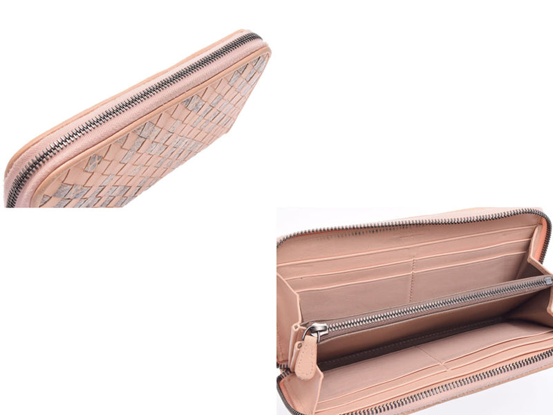 Pre-owned Bottega Veneta Round Zipper Long Wallet Leather/Python Intrecciato Pink Beige BOTTEGA VENETA Ginzo