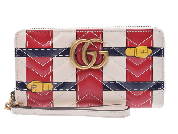 Gucci GG マーモントラウンドファスナー long wallet white / red / dark blue Lady's leather-free beautiful article GUCCI used silver storehouse