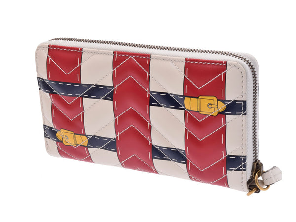 Gucci GG マーモントラウンドファスナー long wallet white / red / dark blue Lady's leather-free beautiful article GUCCI used silver storehouse