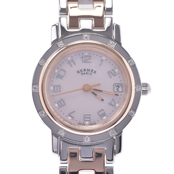 HERMES Hermes Clipper Nacre 12P Diamond CL4.222 Women's SS/PG Watch Quartz Pink Shell Dial A Rank Used Ginzo