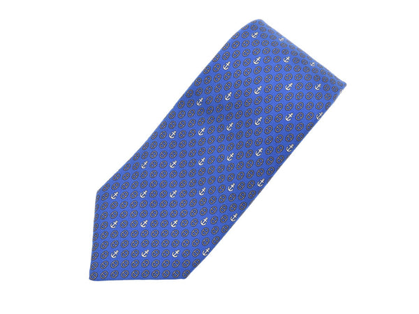 爱马仕领带条纹 / 沙努丹克尔图案蓝色男士丝绸 100% 未使用的美容 HERMES 盒二手银藏二手