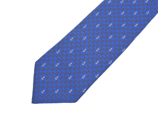 爱马仕领带条纹 / 沙努丹克尔图案蓝色男士丝绸 100% 未使用的美容 HERMES 盒二手银藏二手