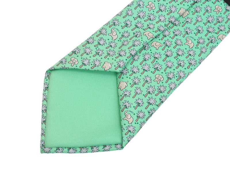 Hermes Tie Elephant Pattern Light Green Men's Silk 100% A Rank HERMES Box Used Ginzo