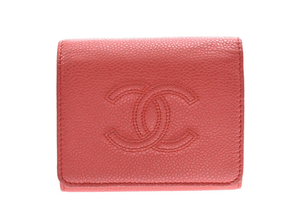 Three Chanel compacts fold wallet salmon pink Lady's caviar skin B rank CHANEL box used silver storehouse