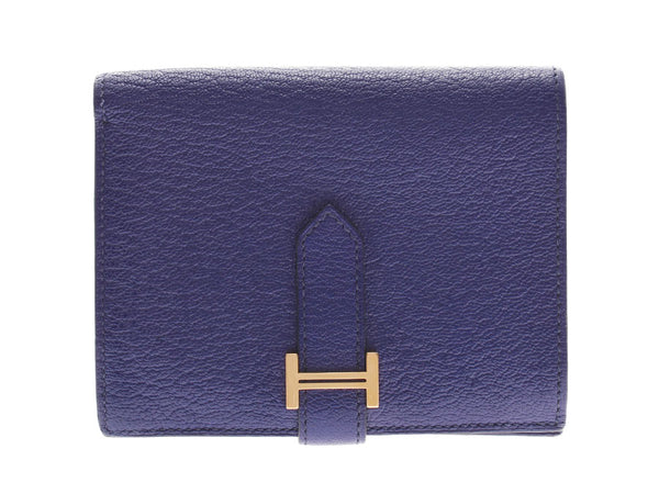 HERMES Hermes Bear compact blue ankle gold metal fitting C engraved (around 2018) Unisex Schebble bi-fold wallet AB rank used Ginzo