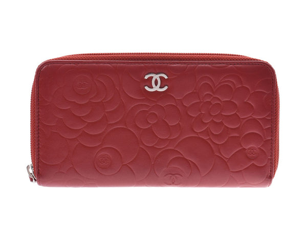 CHANEL CAMERIA Round Fastener Long Wallet Red SV Metal Fittings Ladies Lambskin AB Rank CHANEL Used Ginzo