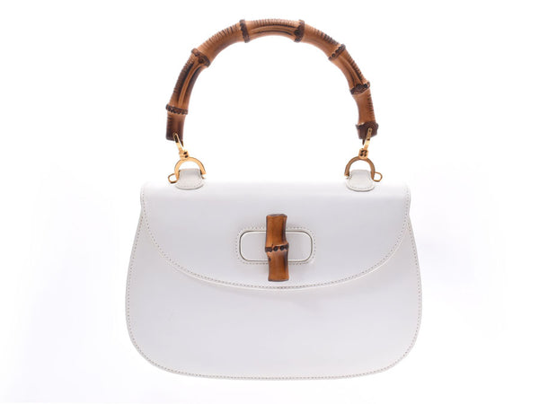 Gucci Bamboo 2WAY Handbag White Women's Calf AB Rank GUCCI Strap With Used Ginzo
