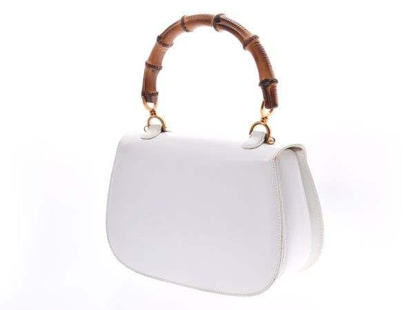 Gucci Bamboo 2WAY Handbag White Women's Calf AB Rank GUCCI Strap With Used Ginzo