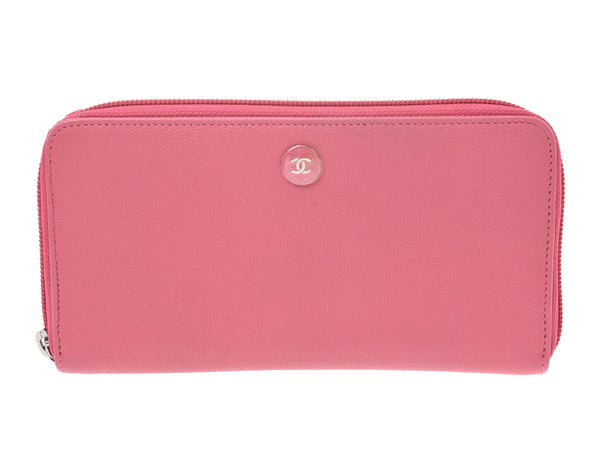 CHANEL Chanel Button Motif Round Zipper Pink Ladies Caviar Skin Long Wallet AB Rank Used Ginzo
