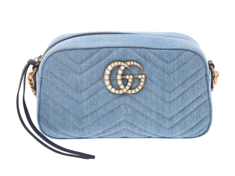 Gucci GG Marmont Chain Shoulder Bag Japan Limited 447632 Light Blue/Navy Blue G Hardware Ladies Denim/Pearl Shindo Good Condition GUCCI Used Ginzo