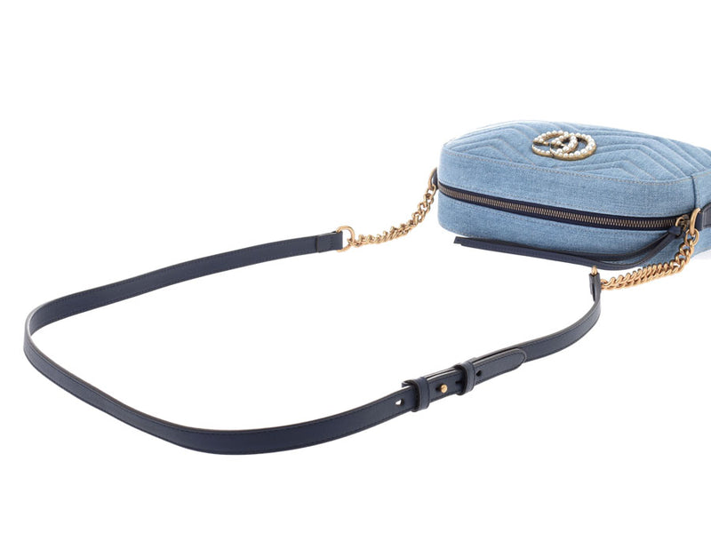 Gucci GG Marmont Chain Shoulder Bag Japan Limited 447632 Light Blue/Navy Blue G Hardware Ladies Denim/Pearl Shindo Good Condition GUCCI Used Ginzo