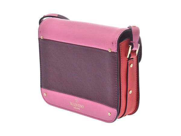 Valentino Valentino Pink/Red/Purple Gold Metal Fittings Women's Calf Shoulder Bag Shin-Do Used Ginzo