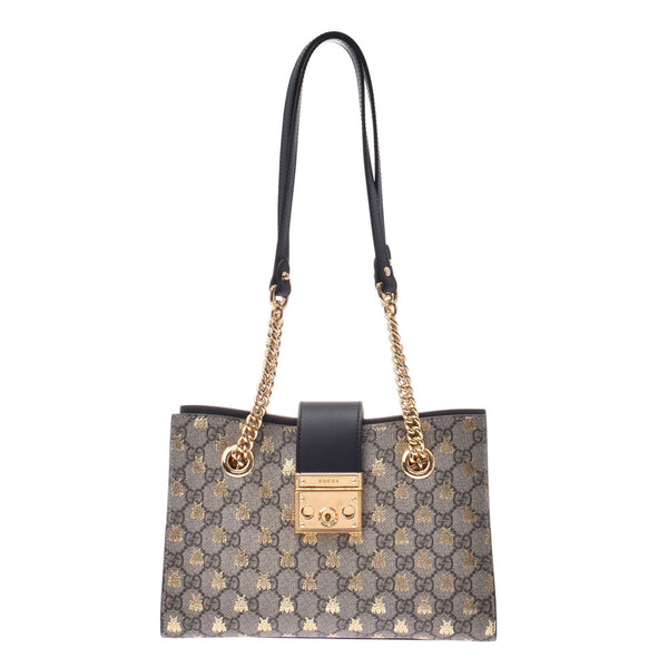 Gucci Padlock GG Small Bee Print Greyge/Black Gold Bracket Women's PVC Leather Shoulder Bag 498156 GUCCI Used