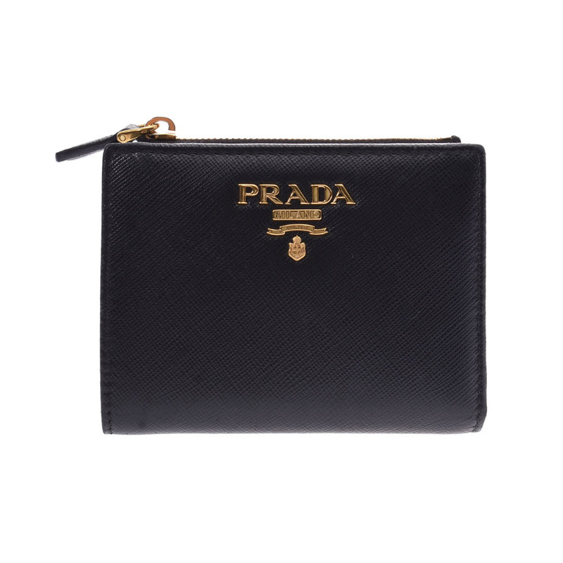 Compact Wallet with a Prada ID, compact wallet black/Gold fittings unisex Safiano, two wallets, PRADA, used.