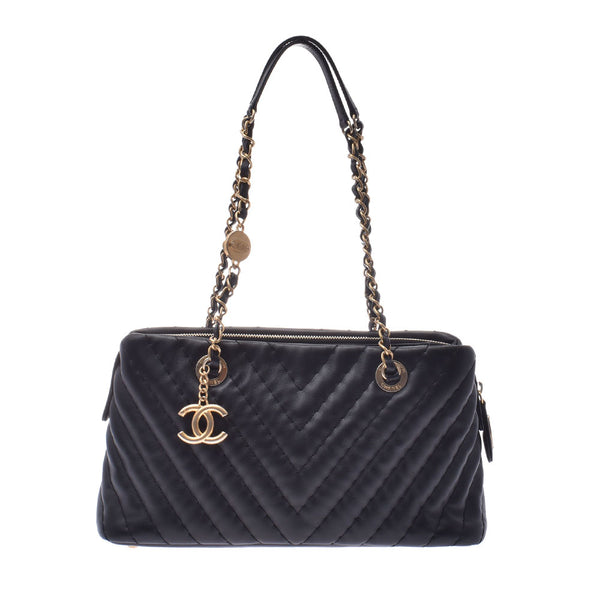 CHANEL Chanel Chevron line chain Thoth black gold metal fittings Lady's lambskin tote bag    Used