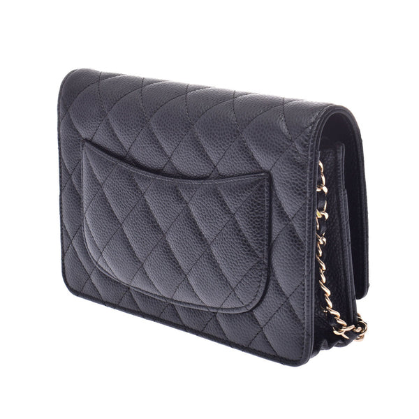 CHANEL Chanel 14143 Black Gold Equipment Ladies: Cavyskin Skin Chain Wallet Used