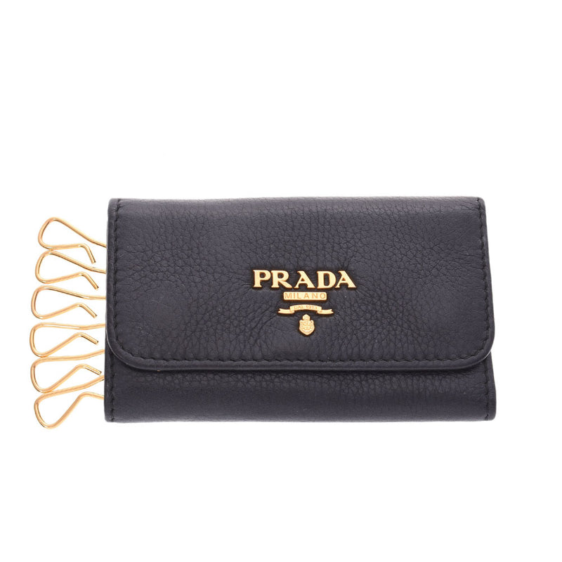 PRADA Prada 6 consecutive key case black gold metal fittings unisex leather key case used