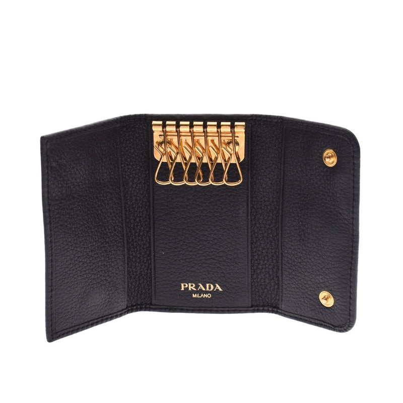 PRADA Prada 6 consecutive key case black gold metal fittings unisex leather key case used