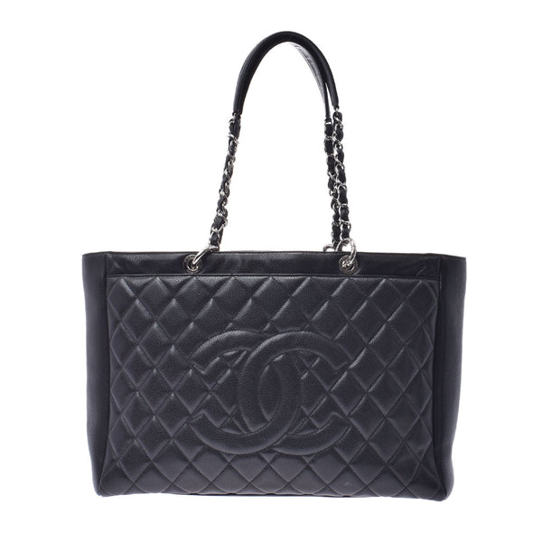 CHANEL Mattelasse Deca Chain Tote Bag Black Silver Hardware Ladies Caviar Skin Tote Bag Used