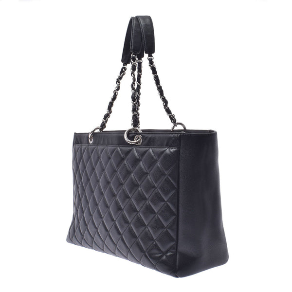 CHANEL Mattelasse Deca Chain Tote Bag Black Silver Hardware Ladies Caviar Skin Tote Bag Used