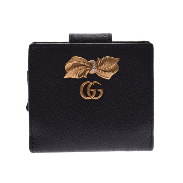 GUCCI Gucci Bow Compact Wallet Black Gold Metal Fitting 524298 Ladies Leather Bi-Fold Wallet AB Rank Used Ginzo
