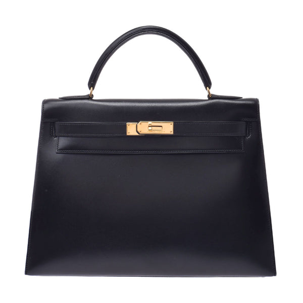 HERMES Hermes Kelly 32 outer sewing black × gold metal fittings ○ U stamp (around 1991) Ladies BOX calf 2WAY bag B rank used Ginzo